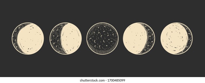 Vector illustration set of moon phases. Different stages of moonlight activity in vintage engraving style. Zodiac Signs