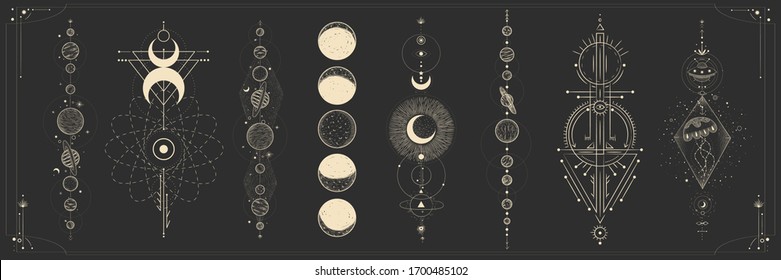 Vector illustration set of moon phases. Different stages of moonlight activity in vintage engraving style. Zodiac Signs