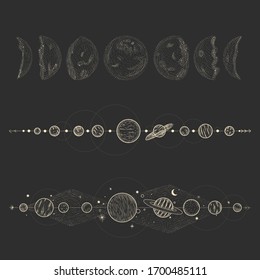 Vector illustration set of moon phases. Different stages of moonlight activity in vintage engraving style. Zodiac Signs