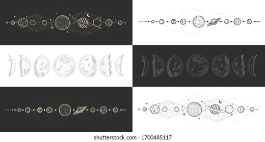 Vector illustration set of moon phases. Different stages of moonlight activity in vintage engraving style. Zodiac Signs