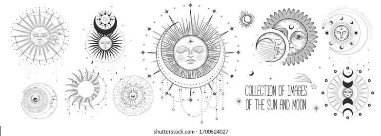 Vector illustration set of moon phases. Different stages of moonlight activity in vintage engraving style. Zodiac Signs