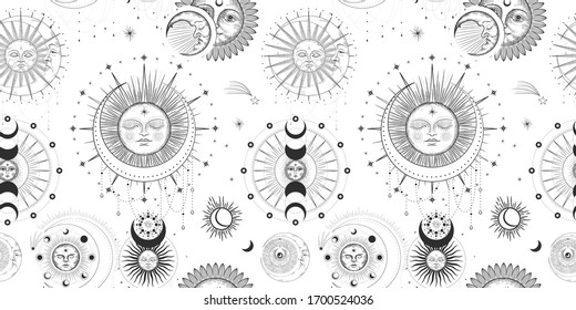 Vector illustration set of moon phases. Different stages of moonlight activity in vintage engraving style. Zodiac Signs