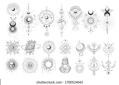 Vector illustration set of moon phases. Different stages of moonlight activity in vintage engraving style. Zodiac Signs