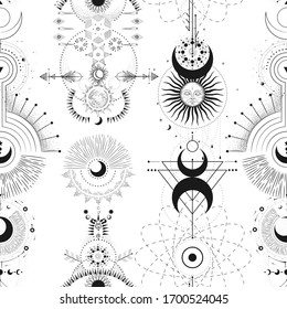 Vector illustration set of moon phases. Different stages of moonlight activity in vintage engraving style. Zodiac Signs