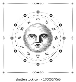 Vector illustration set of moon phases. Different stages of moonlight activity in vintage engraving style. Zodiac Signs