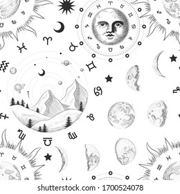 Vector illustration set of moon phases. Different stages of moonlight activity in vintage engraving style. Zodiac Signs