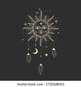 Vector illustration set of moon phases. Different stages of moonlight activity in vintage engraving style. Zodiac Signs