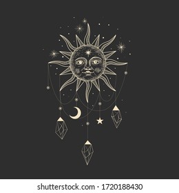 Vector illustration set of moon phases. Different stages of moonlight activity in vintage engraving style. Zodiac Signs