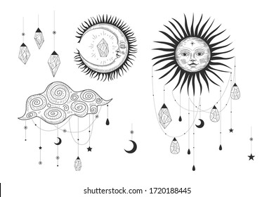 Vector illustration set of moon phases. Different stages of moonlight activity in vintage engraving style. Zodiac Signs