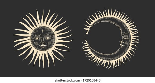 Conjunto de ilustraciones vectoriales de fases lunares. Diferentes etapas de actividad lunar en estilo de grabado vintage. Signos de Zodiaco