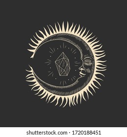 Conjunto de ilustraciones vectoriales de fases lunares. Diferentes etapas de actividad lunar en estilo de grabado vintage. Signos de Zodiaco