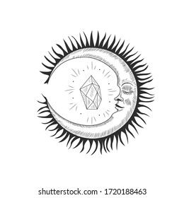 Conjunto de ilustraciones vectoriales de fases lunares. Diferentes etapas de actividad lunar en estilo de grabado vintage. Signos de Zodiaco