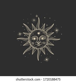 Vector illustration set of moon phases. Different stages of moonlight activity in vintage engraving style. Zodiac Signs