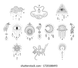Vector illustration set of moon phases. Different stages of moonlight activity in vintage engraving style. Zodiac Signs