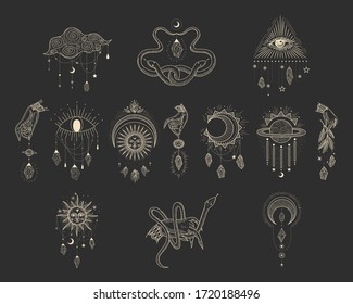 Conjunto de ilustraciones vectoriales de fases lunares. Diferentes etapas de actividad lunar en estilo de grabado vintage. Signos de Zodiaco