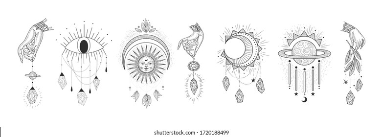 Vektorgrafik-Satz von Mondphasen. Unterschiedliche Stufen der Mondlicht-Aktivität im Vintage Gravierstil. Zodiac-Zeichen