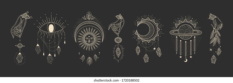 Vector illustration set of moon phases. Different stages of moonlight activity in vintage engraving style. Zodiac Signs