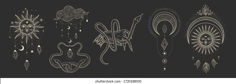 Vector illustration set of moon phases. Different stages of moonlight activity in vintage engraving style. Zodiac Signs