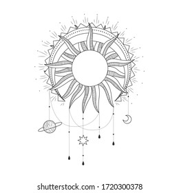 Vector illustration set of moon phases. Different stages of moonlight activity in vintage engraving style. Zodiac Signs