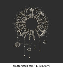 Vector illustration set of moon phases. Different stages of moonlight activity in vintage engraving style. Zodiac Signs
