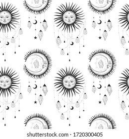 Vector illustration set of moon phases. Different stages of moonlight activity in vintage engraving style. Zodiac Signs