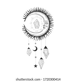 Vektorgrafik-Satz von Mondphasen. Unterschiedliche Stufen der Mondlicht-Aktivität im Vintage Gravierstil. Zodiac-Zeichen