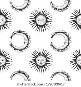 Vector illustration set of moon phases. Different stages of moonlight activity in vintage engraving style. Zodiac Signs