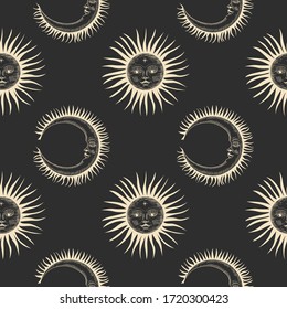 Vector illustration set of moon phases. Different stages of moonlight activity in vintage engraving style. Zodiac Signs