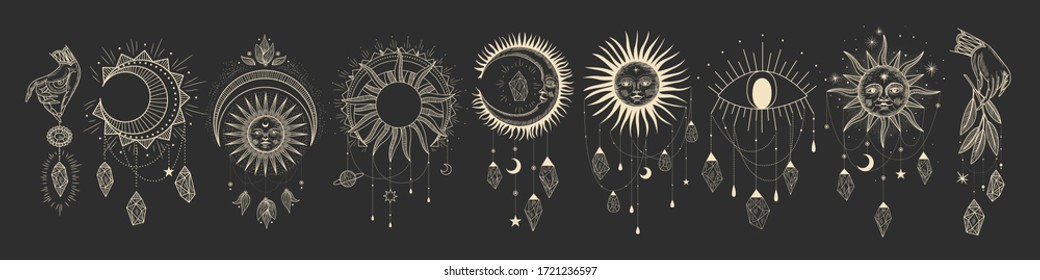 Vector illustration set of moon phases. Different stages of moonlight activity in vintage engraving style. Zodiac Signs, shining crystals, female hand
