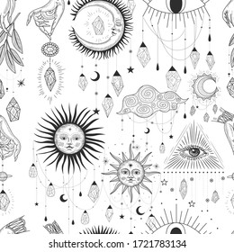 Vector illustration set of moon phases. Different stages of moonlight activity in vintage engraving style. Zodiac Signs, shining crystals, female hand