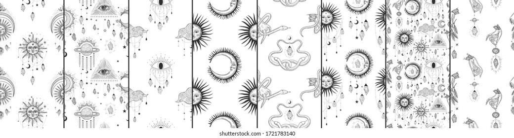 Vector illustration set of moon phases. Different stages of moonlight activity in vintage engraving style. Zodiac Signs, shining crystals, female hand
