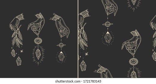 Vektorgrafik-Satz von Mondphasen. Unterschiedliche Stufen der Mondlicht-Aktivität im Vintage Gravierstil. Zodiac-Zeichen, glänzende Kristalle, weibliche Hand