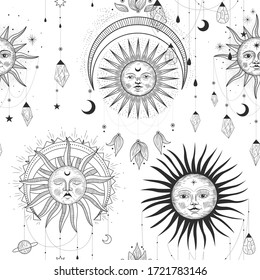 Vector illustration set of moon phases. Different stages of moonlight activity in vintage engraving style. Zodiac Signs, shining crystals, female hand