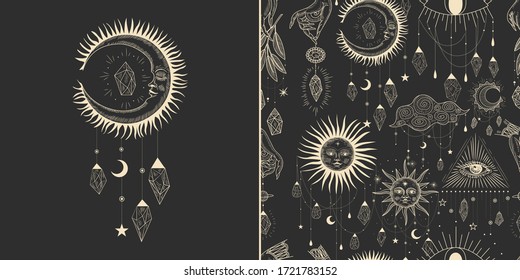 Vector illustration set of moon phases. Different stages of moonlight activity in vintage engraving style. Zodiac Signs, shining crystals, female hand