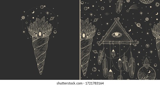 Conjunto de ilustraciones vectoriales de fases lunares. Diferentes etapas de actividad lunar en estilo de grabado vintage. Señales de Zodiaco, cristales brillantes, mano hembra
