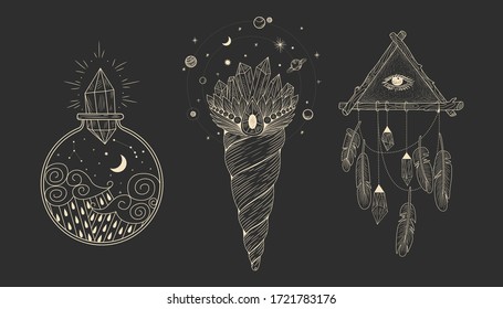 Vektorgrafik-Satz von Mondphasen. Unterschiedliche Stufen der Mondlicht-Aktivität im Vintage Gravierstil. Zodiac-Zeichen, glänzende Kristalle, weibliche Hand