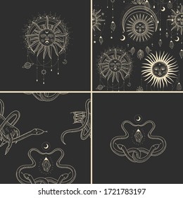 Vektorgrafik-Satz von Mondphasen. Unterschiedliche Stufen der Mondlicht-Aktivität im Vintage Gravierstil. Zodiac-Zeichen, glänzende Kristalle, weibliche Hand