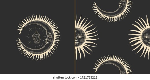 Vector illustration set of moon phases. Different stages of moonlight activity in vintage engraving style. Zodiac Signs, shining crystals, female hand