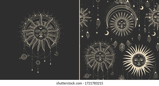 Vector illustration set of moon phases. Different stages of moonlight activity in vintage engraving style. Zodiac Signs, shining crystals, female hand