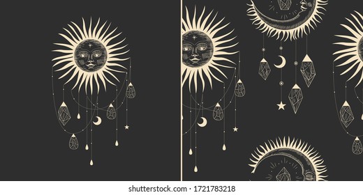 Vector illustration set of moon phases. Different stages of moonlight activity in vintage engraving style. Zodiac Signs, shining crystals, female hand