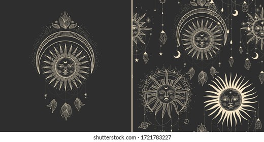 Vector illustration set of moon phases. Different stages of moonlight activity in vintage engraving style. Zodiac Signs, shining crystals, female hand