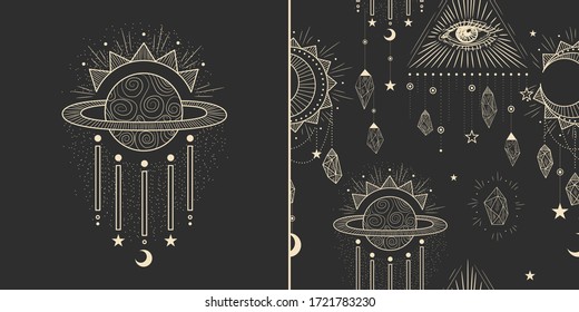 Vector illustration set of moon phases. Different stages of moonlight activity in vintage engraving style. Zodiac Signs, shining crystals, female hand
