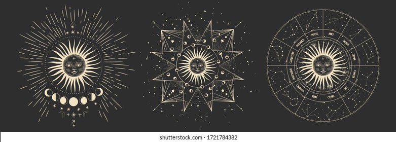 Vector illustration set of moon phases. Different stages of moonlight activity in vintage engraving style. Zodiac Signs