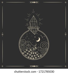 Vector illustration set of moon phases. Different stages of moonlight activity in vintage engraving style. Zodiac Signs, shining crystals, female hand