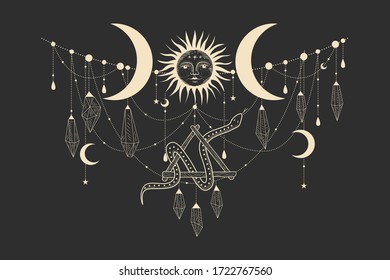 Conjunto de ilustraciones vectoriales de fases lunares. Diferentes etapas de actividad lunar en estilo de grabado vintage. Señales de Zodiaco, cristales brillantes, mano hembra