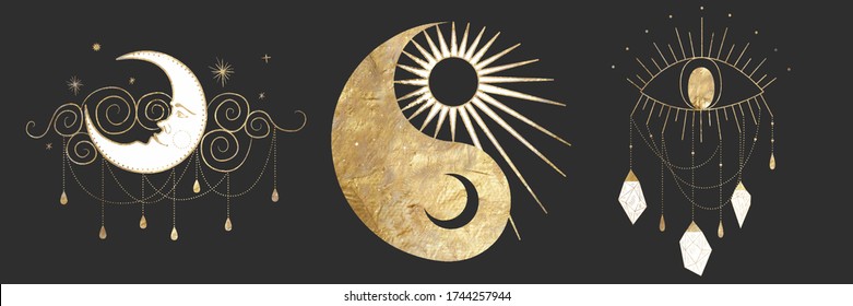 Vector illustration set of moon phases. Different stages of moonlight activity in vintage engraving style. Zodiac Signs