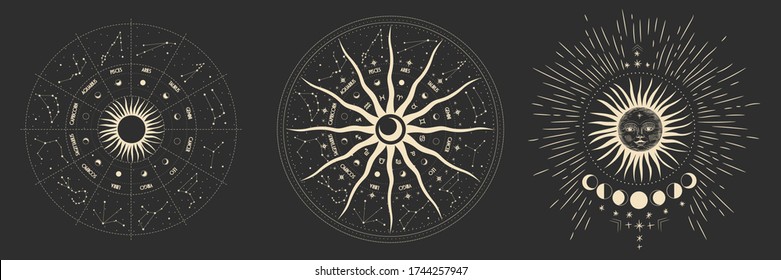 Ilustración vectorial de las fases de la luna. Diferentes etapas de actividad de la luna en estilo de grabado vintage. Signos Zodiac