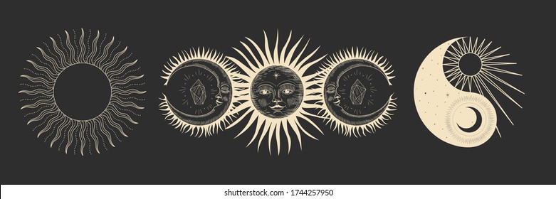 Vector illustration set of moon phases. Different stages of moonlight activity in vintage engraving style. Zodiac Signs