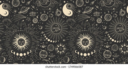 Vector illustration set of moon phases. Different stages of moonlight activity in vintage engraving style. Zodiac Signs