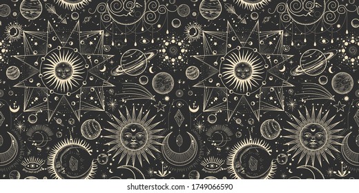 Vector illustration set of moon phases. Different stages of moonlight activity in vintage engraving style. Zodiac Signs